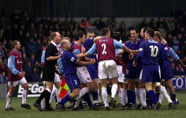 6 Jan 2002:  Tempers flair between Danny Adams of Macclesfieldand Christian Dailly after a bad tackle during the Macclesfield Town v West Ham Utd A...