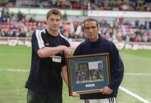 31 Mar 2001: Paolo Di Canio of West Ham receives a special award from Paul Gerrard of Everton for his sportsmanlike gesture in a match played earl...