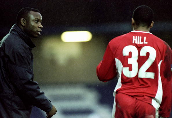 29 Jan 2000:  Leroy Rosenior instructs Matt Hill of Bury during the Nationwide Division Two match against Bristol City played at Gigg Lane in Bury,...