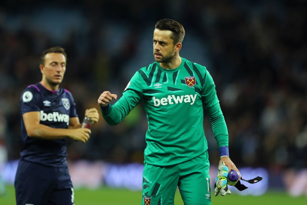 West Ham United goal keeper Lukasz Fabianski reacts after during the Premier League match between Aston Villa and West Ham United at Villa Park on ...