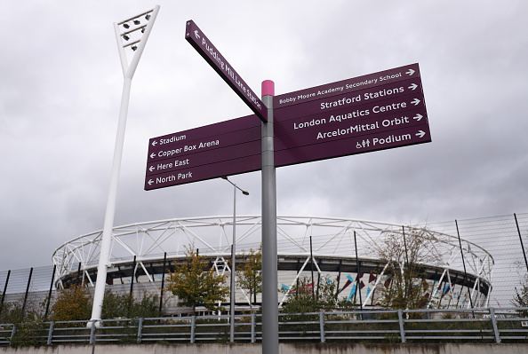 General view outside the stadium of signage ahead of the Premier League match between West Ham United and Newcastle United at London Stadium on Nov...