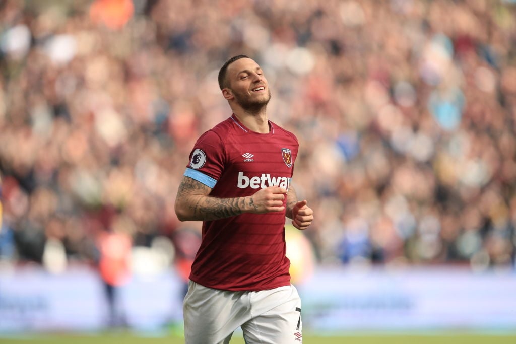 Marko Arnautovic of West Ham United celebrates scoring his team's second goal during the Premier League match between West Ham United and Southampt...