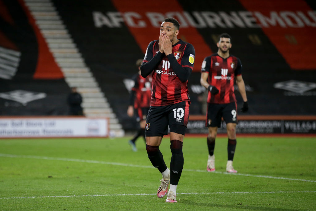 AFC Bournemouth's Arnaut Danjuma (right) scores their side's third goal of  the game during the Sky Bet Championship match at Vitality Stadium,  Bournemouth. Picture date: Tuesday March 16, 2021 Stock Photo - Alamy