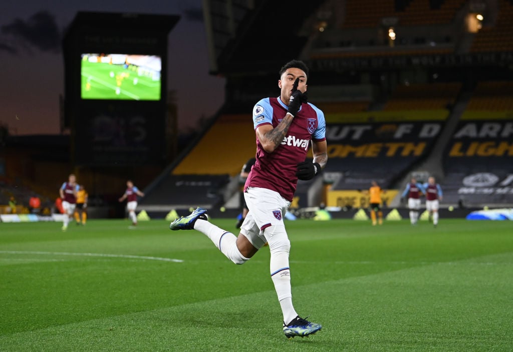 Jesse Lingard of West Ham United celebrates after scoring their team's first goal during the Premier League match between Wolverhampton Wanderers a...