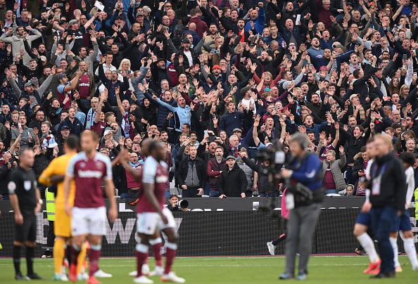 Spurs fan swamped by West Ham supporters as Hollywood Hammers celebrate win in California