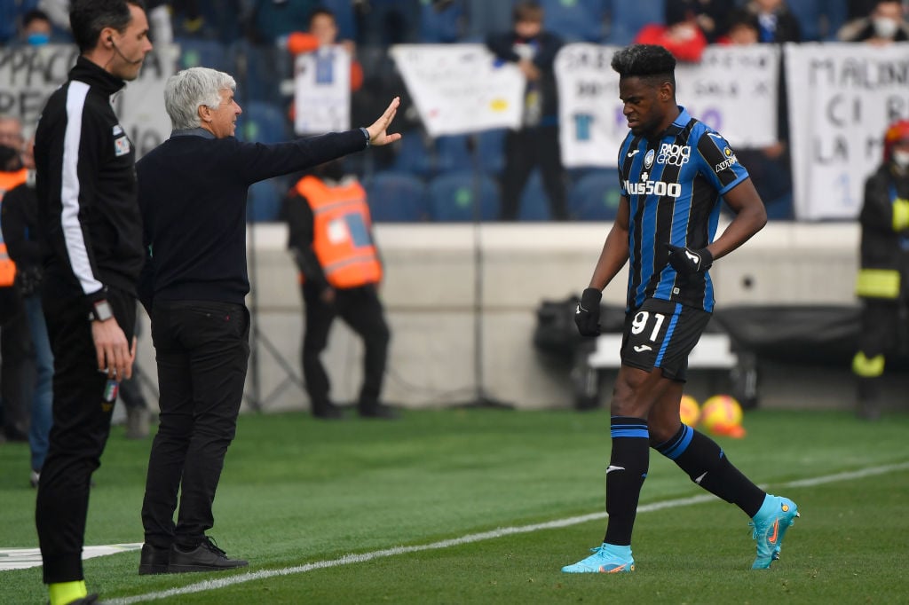 Duvan Zapata of Atalanta BC leaves the pitch injured while...