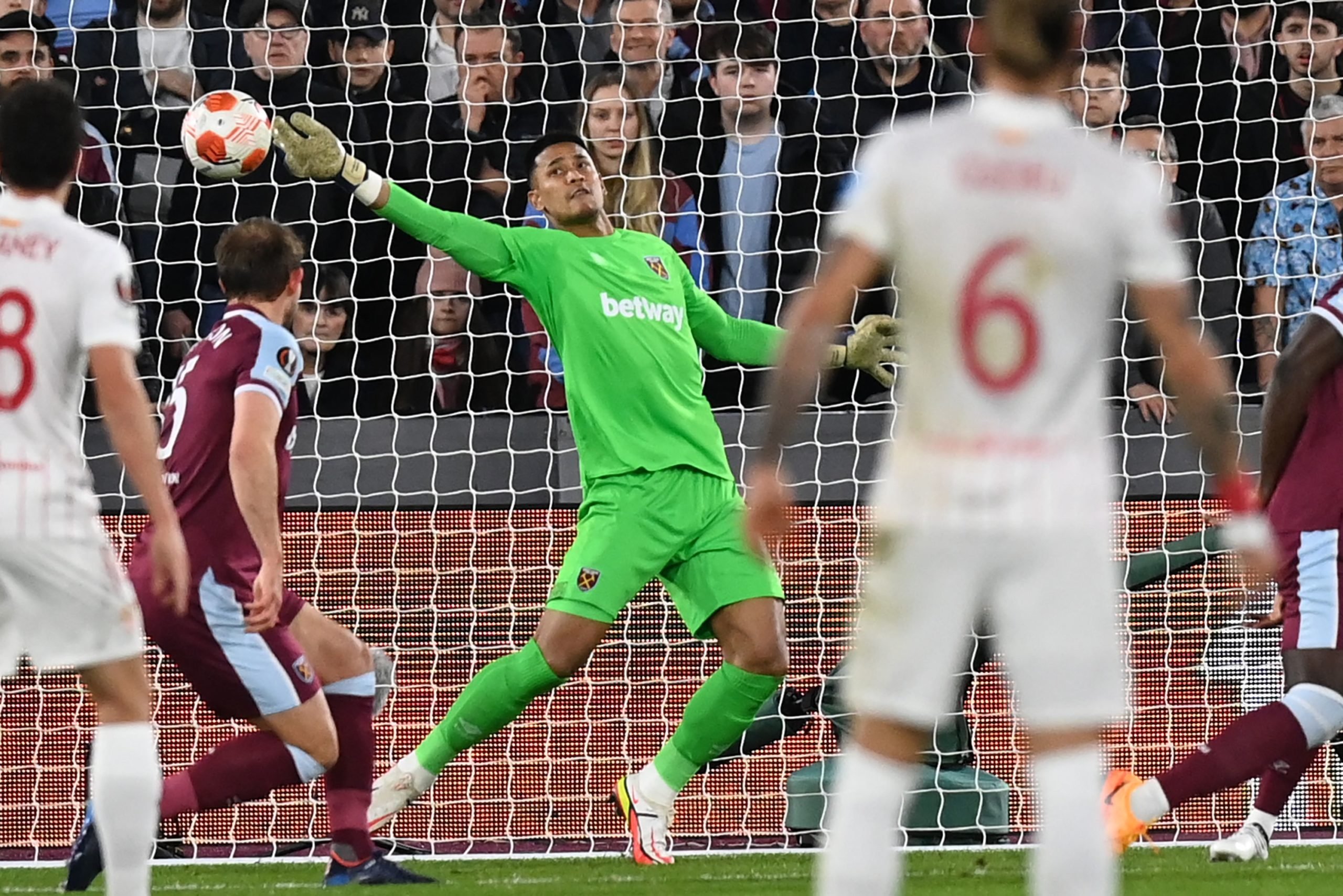 West Ham United goalkeeper Alphonse Areola makes a wonder save during our UEFA Europa League clash with Sevilla at The London Stadium
