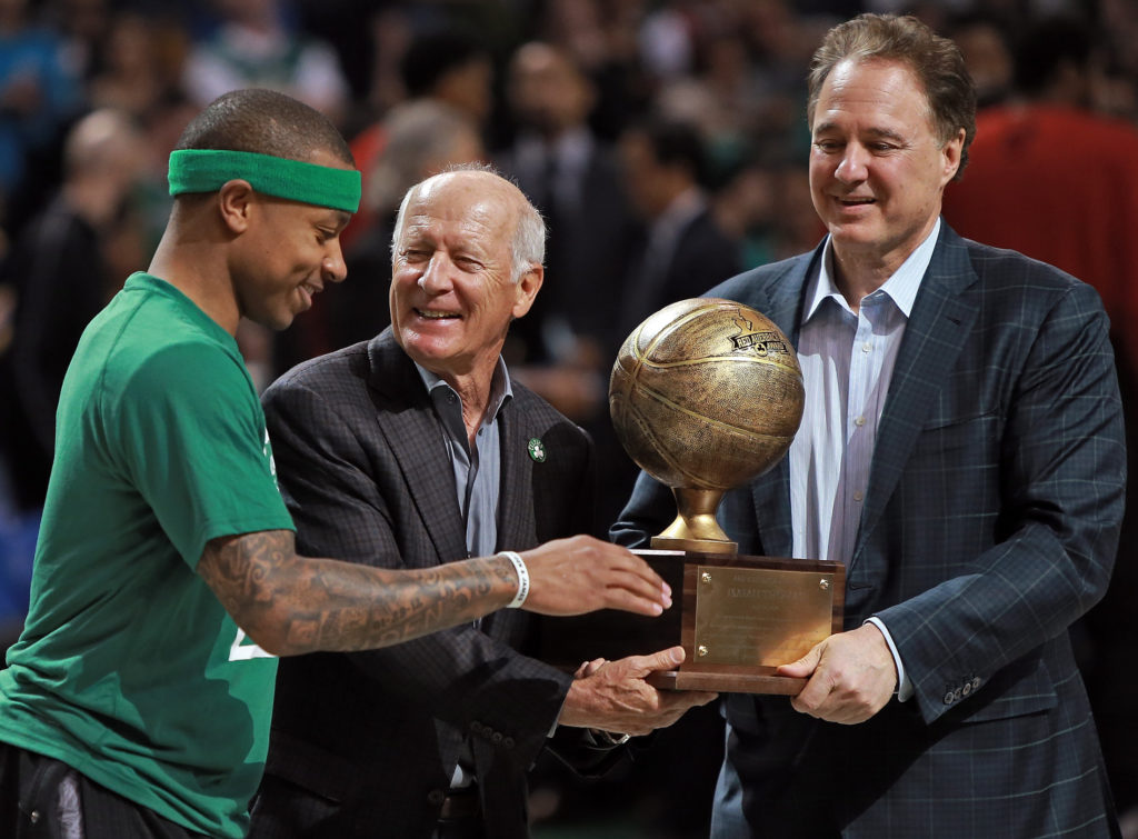 (Boston, MA, 04/13/16) Isaiah Thomas wins Red Auerbach Award, as het receives from Celtics owners, Robert Epstein and  Stephen Pagliuca before the NBA game against the Miami Heat at the TD Garden on Wednesday,  April 13, 2016.  Staff photo by Matt St