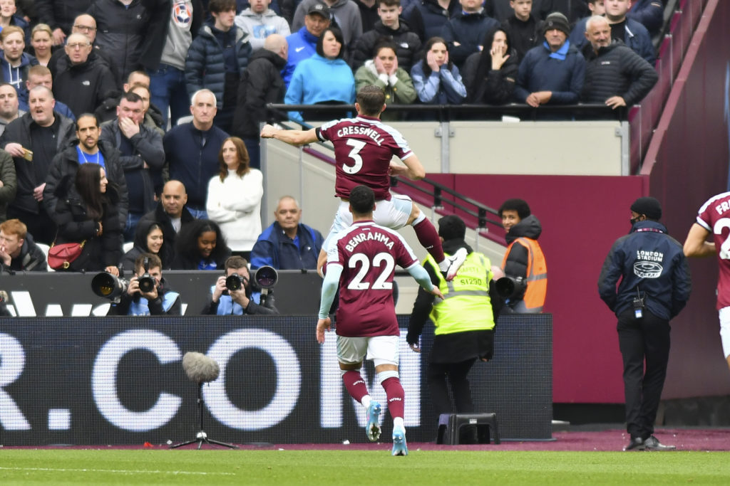 Aaron Cresswell of West Ham celebrates after scoring for West Ham against Everton