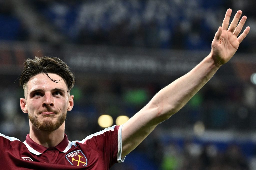 Declan Rice thanking the West Ham fans after the game against Lyon