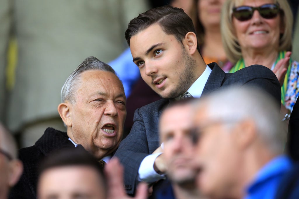 West Ham United Directors David Sullivan and son Jack Sullivan during the Premier League match between Norwich City and West Ham United at Carrow R...