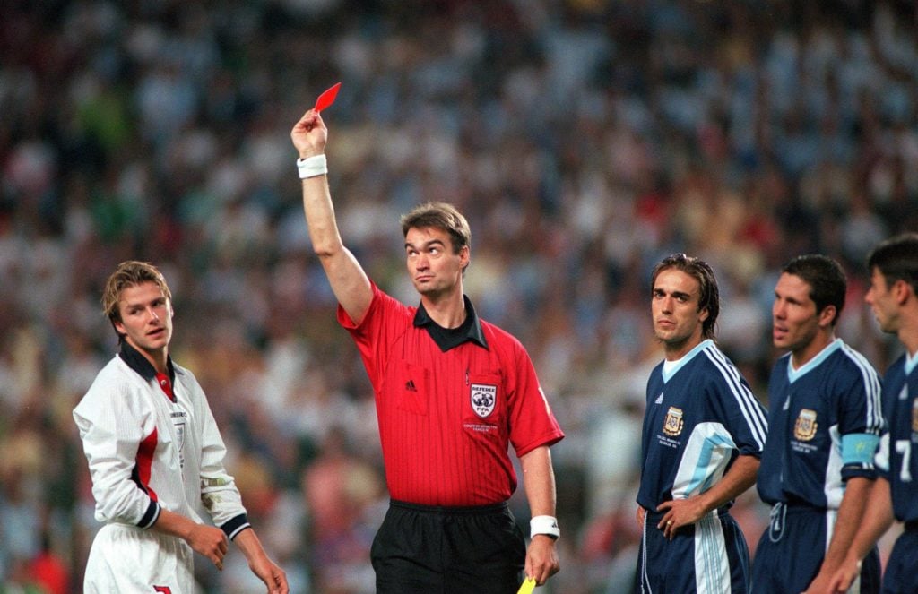 BT World Cup 1998 Finals, St, Etienne, France, 30th June, 1998, England 2 v Argentina 2 (Argentina win 4-3 on penalties), Referee Kim Milton Nielsen sends off England's David Beckham for kicking out at Diego Simeone
