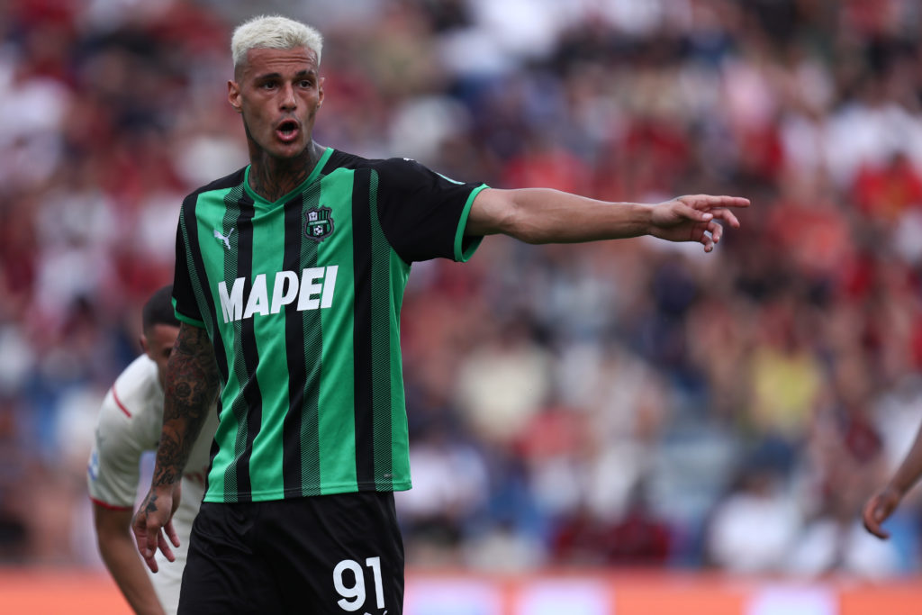 Gianluca Scamacca of Us Sassuolo  gestures during the Serie...