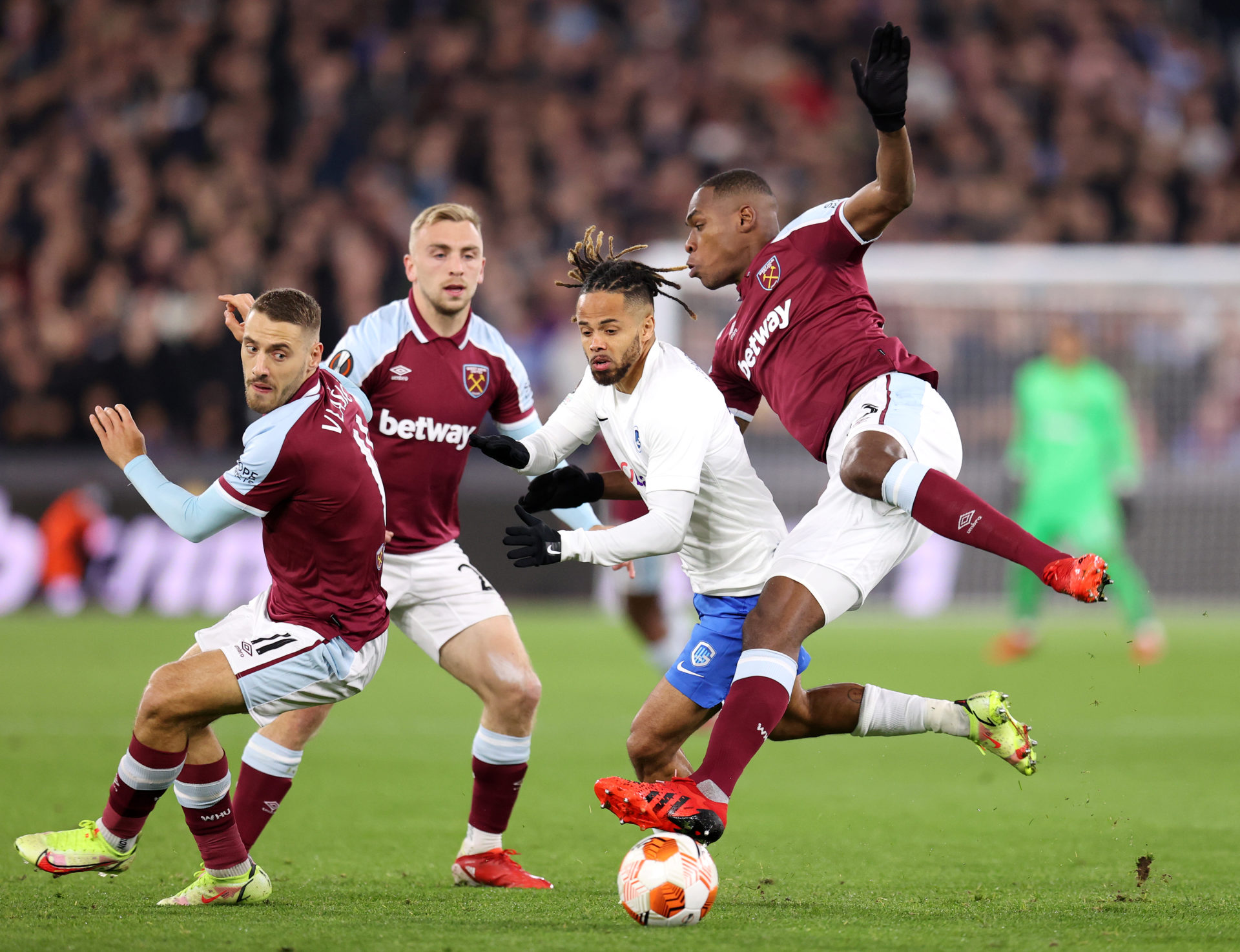 Nikola Vlasic, Jarrod Bowen  and Issa Diop in action for West Ham United United