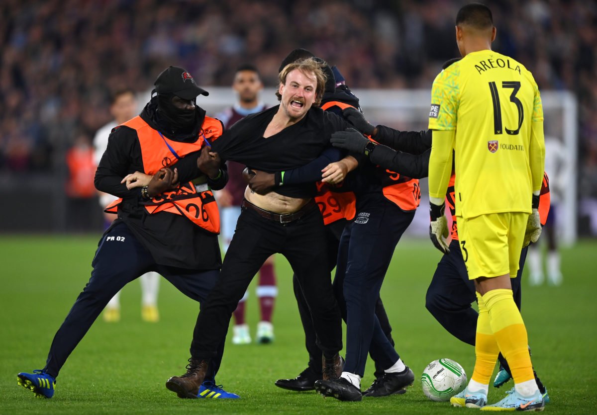 Anderlecht pitch invader tried to tackle West Ham star Alphonse Areola but he put him flat on his back