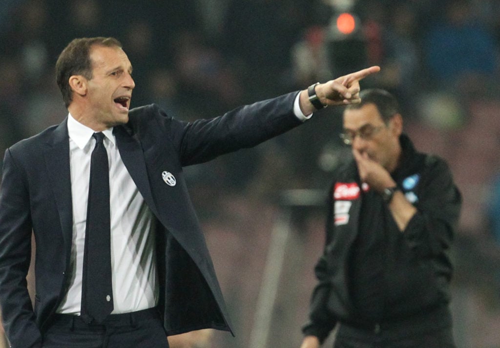 Juventus' coach fromy Italy Massimiliano Allegri (L) reacts next to Napoli's Italian coach Maurizo Sarri during the Tim Cup semifinal second leg fo...