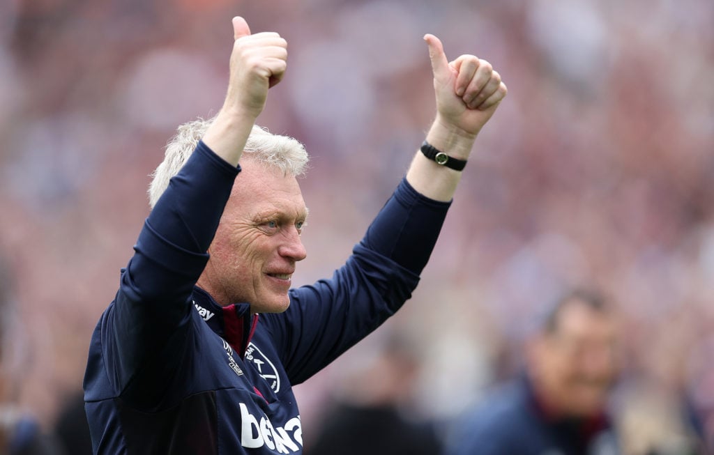David Moyes, Manager of West Ham United, thanks the support after the Premier League match between West Ham United and Leeds United at London Stadi...