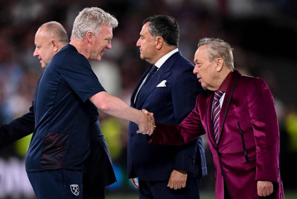 West Ham United FC manager David Moyes, left, and chairman David Sullivan after the UEFA Europa Conference League Final 2022/23 match between ACF F...