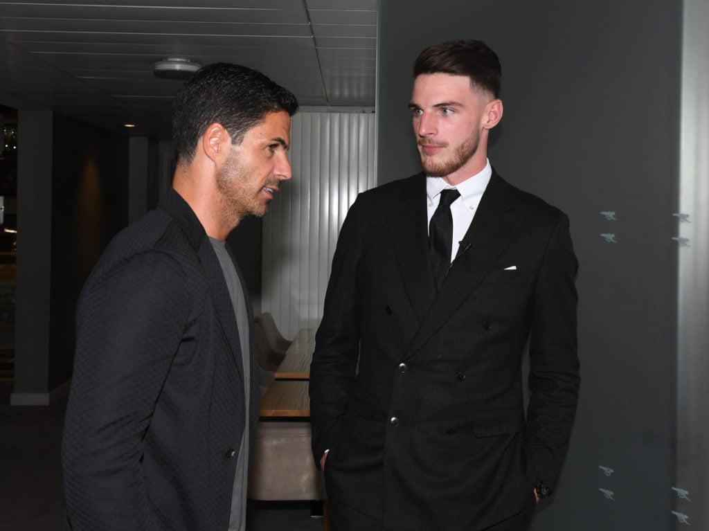 Arsenal manager Mikel Arteta with new signing Declan Rice at Emirates Stadium on July 15, 2023 in London, England.