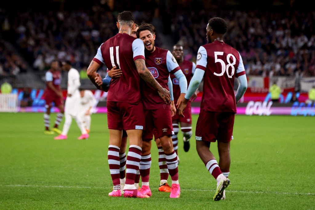 Gianluca Scamacca celebrates scoring in West Ham pre-season friendly with Tottenham