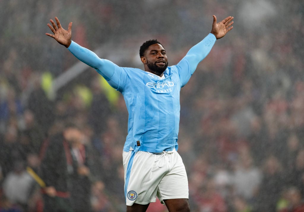 Sky Sports pundit Micah Richards during filming of a penalty shoot out for tv show 'A League Of Their Own' during the half time break at the Premie...