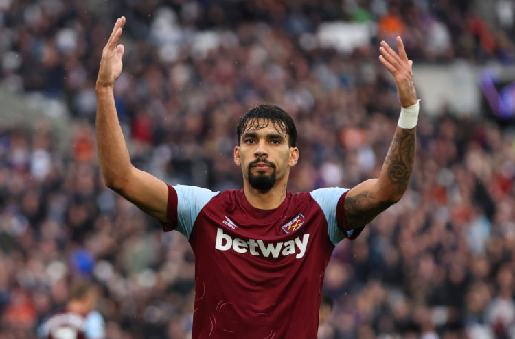 Lucas Paqueta of West Ham United reacts during the Premier League match between West Ham United and Everton FC at London Stadium on October 29, 202...