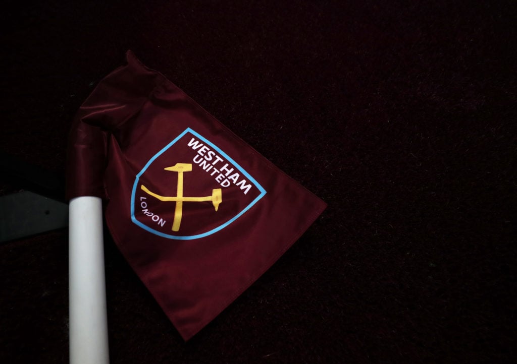 The West Ham club badge on a corner flag ahead of the Premier League match between West Ham United and Newcastle United at London Stadium on Septem...