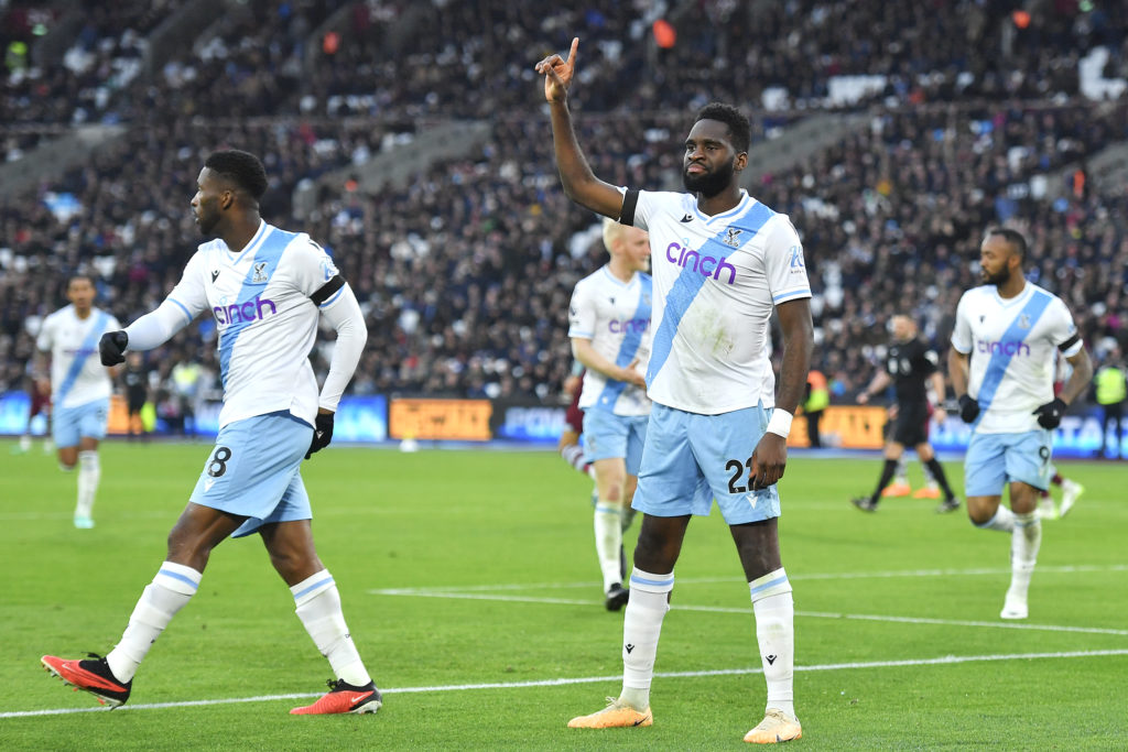 Odsonne Edouard of Crystal Palace celebrates scoring the equalising goal during the Premier League match between West Ham United and Crystal Palace...