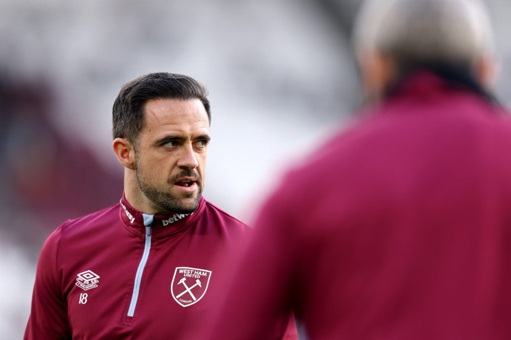 Danny Ings of West Ham United looks on during the warm up prior to the Premier League match between West Ham United and Wolverhampton Wanderers at ...