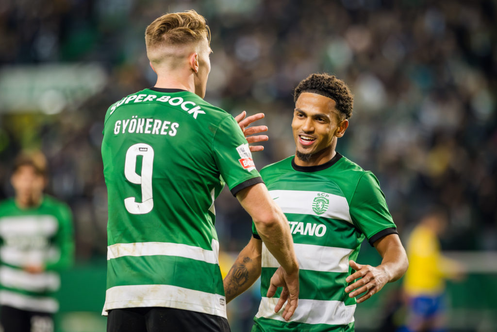 Marcus Edwards of Sporting CP celebrates the goal with his