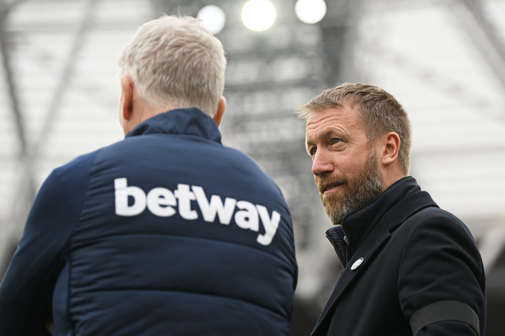 David Moyes, Manager of West Ham United, and Graham Potter, Manager of Chelsea, talk prior to the Premier League match between West Ham United and ...