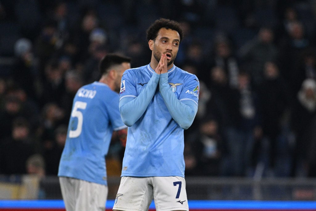 Felipe Anderson of S.S. Lazio is playing during the 28th day of the Serie A Championship between S.S. Lazio and Udinese Calcio at the Olympic Stadi...