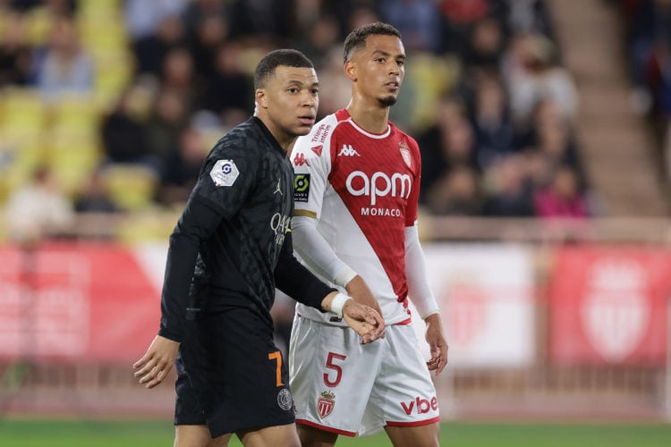 Kylian Mbappe of PSG and former team mate Jan Thilo Kehrer of AS Monaco during the Ligue 1 Uber Eats match between AS Monaco and Paris Saint-Germai...