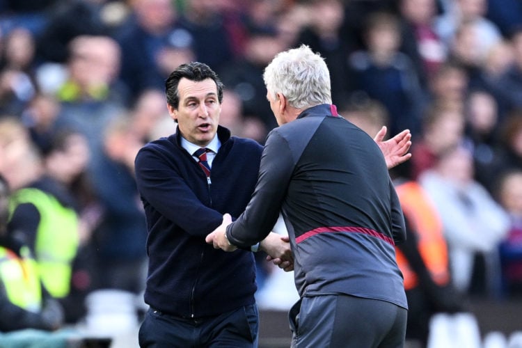Unai Emery, Manager of Aston Villa, shakes hands with David Moyes, Manager of West Ham United, after the Premier League match between West Ham Unit...