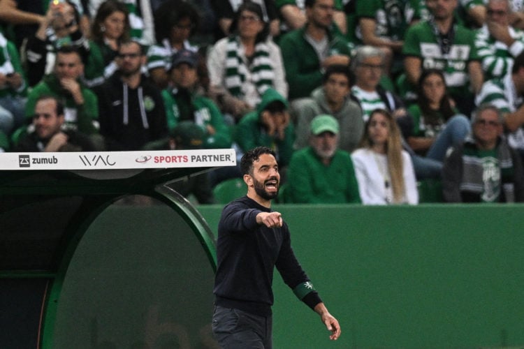 Sporting Lisbon's Portuguese coach Ruben Amorim shouts instructions to his players from the touchline during the Portuguese League football match b...