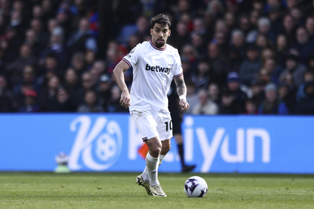 Lucas Paqueta of West Ham United is on the ball during the Premier League match between Crystal Palace and West Ham United at Selhurst Park in Lond...