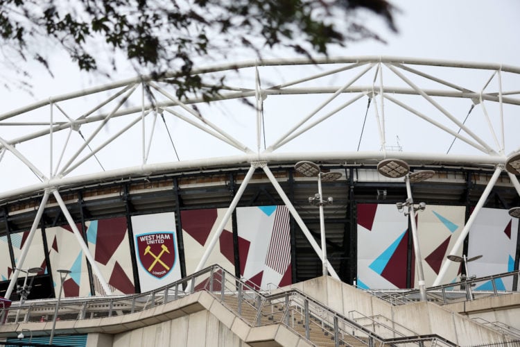 General view outside the stadium as the West Ham United crest is seen prior to the UEFA Europa League 2023/24 Quarter-Final second leg match betwee...