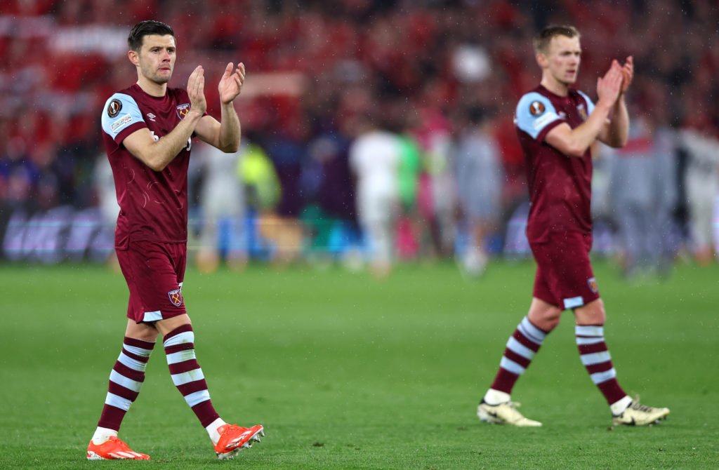 Aaron Cresswell and James Ward-Prowse - West Ham United FC v Bayer 04 Leverkusen: Quarter-Final Second Leg - UEFA Europa League 2023/24