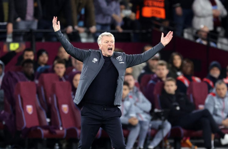 David Moyes the head coach / manager of West Ham United reacts during the UEFA Europa League 2023/24 Quarter-Final second leg match between West Ha...