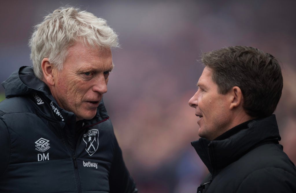 West Ham United Manager David Moyes (L) and Crystal Palace Manager Oliver Glasner (R) are seen prior to the Premier League match between Crystal Pa...