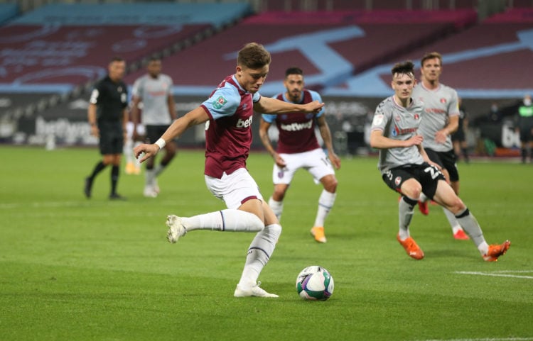 West Ham United's Harrison Ashby on his debut during the Carabao Cup Second Round Northern Section match between West Ham United and Charlton Athle...