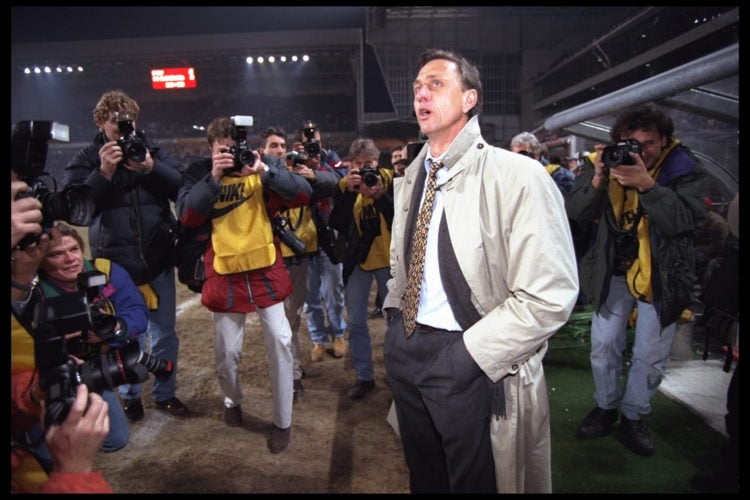 18 Mar 1996:  A portrait of Johan Cryuff the manager of Barcelona before the start of the UEFA cup quarter-final against PSV.