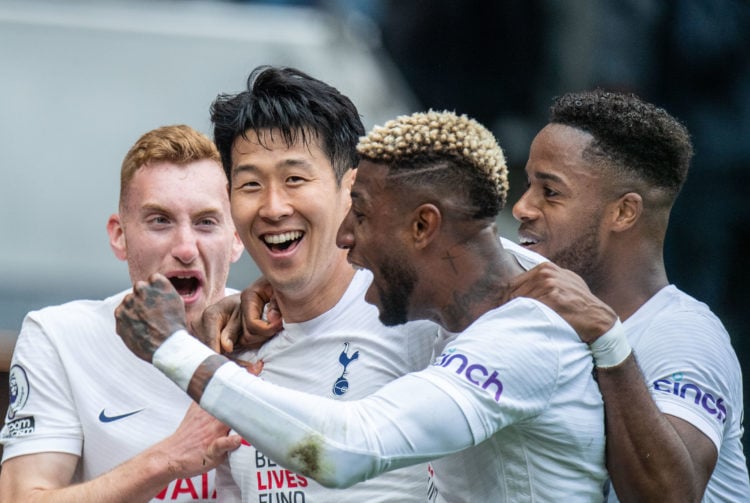 Son Heung-min of Tottenham Hotspur celebrates with Dejan Kulusevski, Emerson Royal and Ryan Sessegnon after scoring his 2nd goal during the Premier...