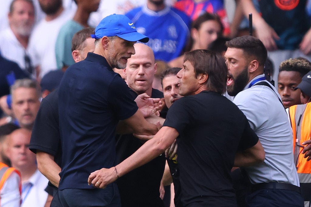 Chelsea Head Coach Thomas Tuchel and Tottenham Hotspur Head Coach Antonio Conte clash after the Premier League match between Chelsea FC and Tottenh...