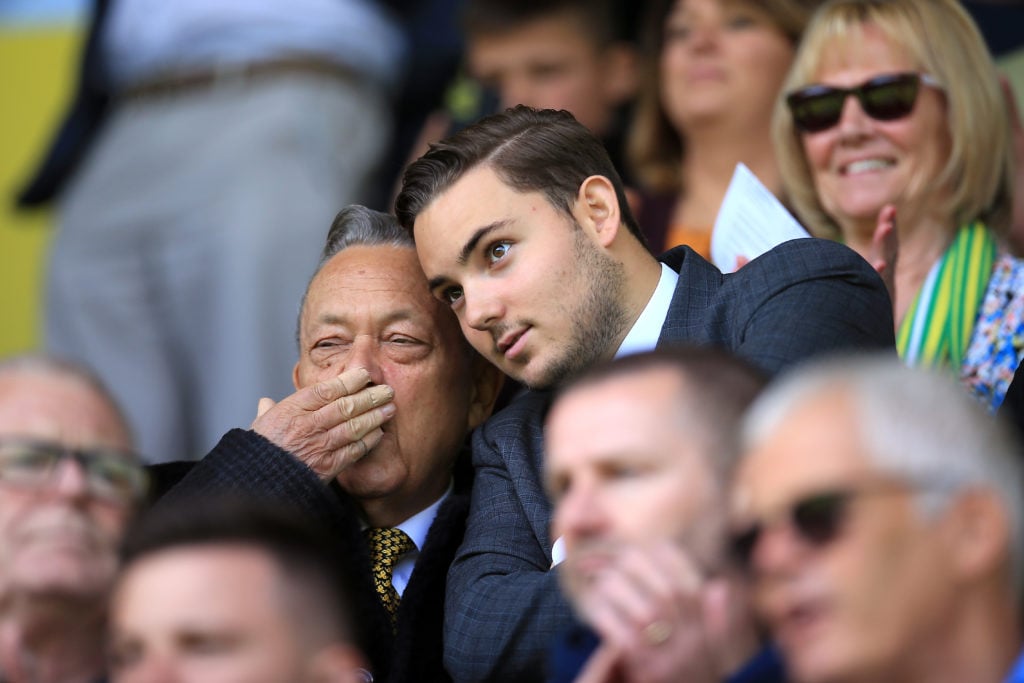 West Ham United Directors David Sullivan and son Jack Sullivan during the Premier League match between Norwich City and West Ham United at Carrow R...