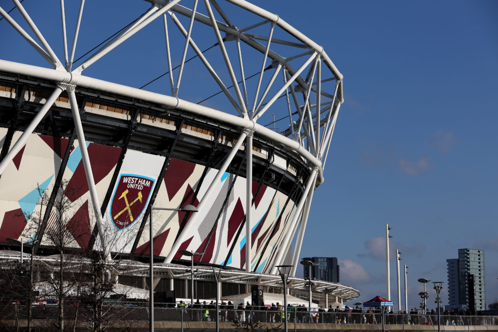 General view outside the stadium prior to the Premier League match between West Ham United and Everton FC at London Stadium on January 21, 2023 in ...