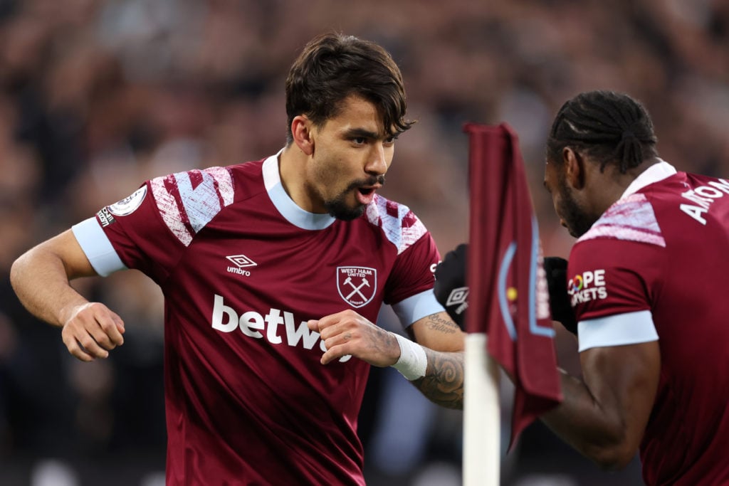 Lucas Paqueta of West Ham United celebrates after scoring the team's first goal with teammate Michail Antonio during the Premier League match betwe...