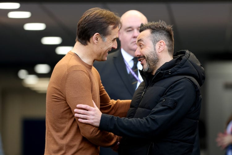 Julen Lopetegui, Manager of Wolverhampton Wanderers, interacts with Roberto De Zerbi, Manager of Brighton & Hove Albion, prior to the Premier L...