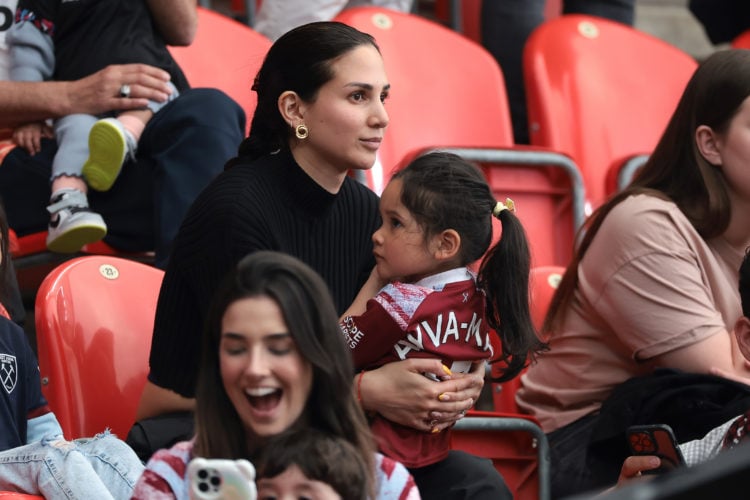 Alphonse Areola of West Ham United's wife Marrion Valette Areola and daughter Ayva-May Areola prior to the UEFA Europa Conference League 2022/23 fi...