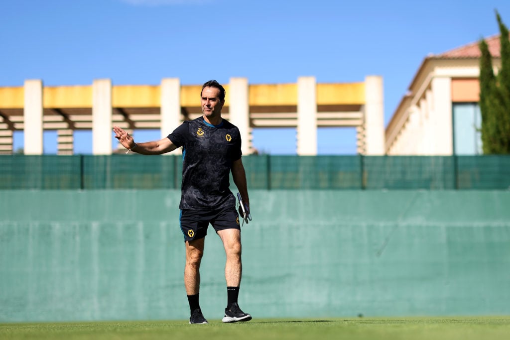 Julen Lopetegui, Manager of Wolverhampton Wanderers walks out to the pitch during a Wolverhampton Wanderers pre-season training session on July 05,...